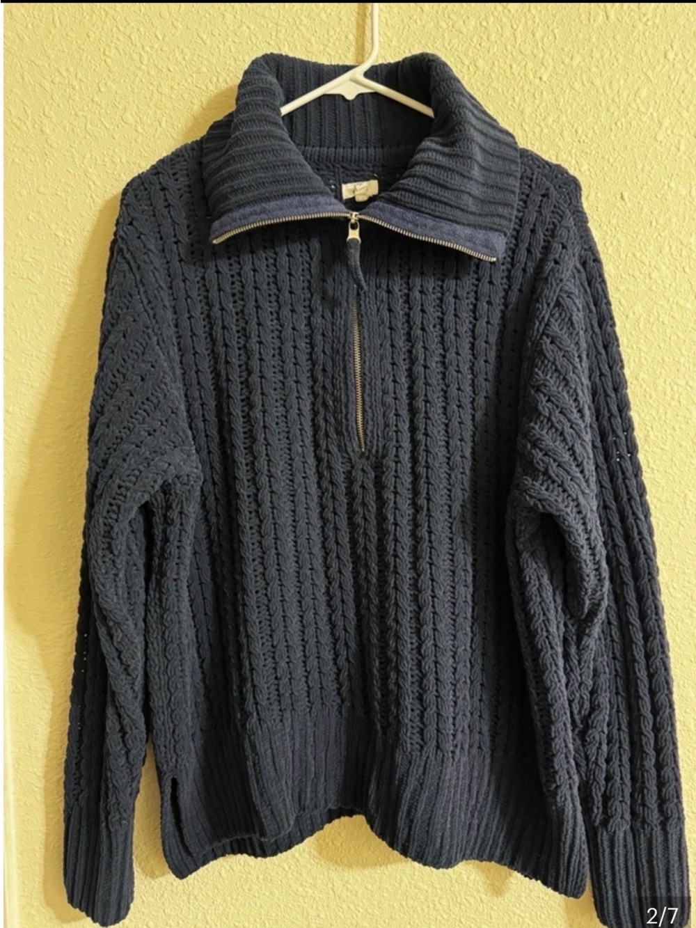 Aerie Cable Car Chenille Quarter Zip Sweater Navy Blue Size Medium